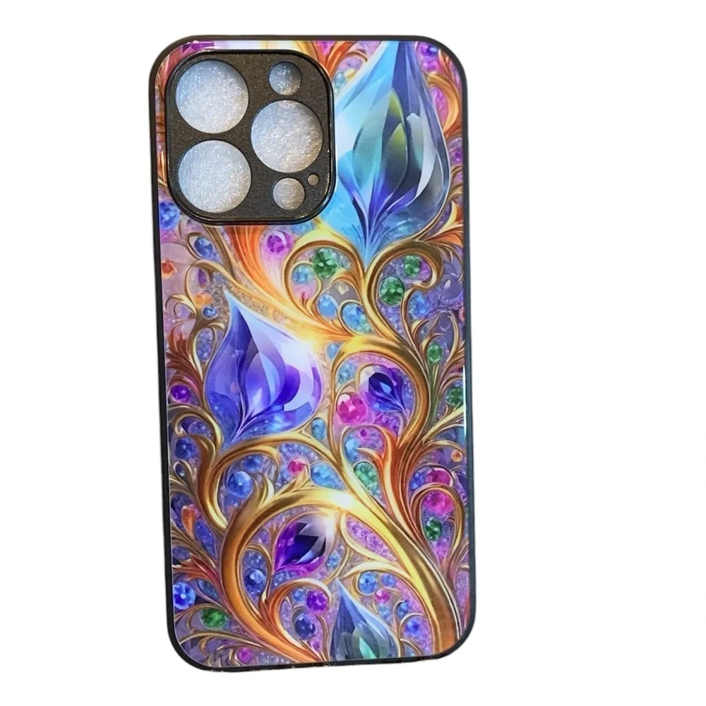 Case for iPhone 13 colorful rainbow jewels feathers black edges new in package